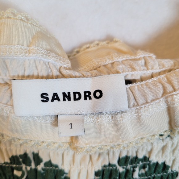 Sandro Women Ramatuelle Smocked Tie Shoulder Tank Top Size 1 Ivory Floral Boho - Picture 2 of 8